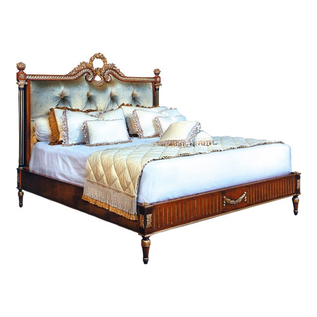 Empire Style King Bed in Myrtle Burl With Gold Accents For Sale