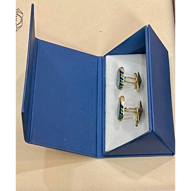 Metal Blue Green Enamel Oval Cufflinks in 14 Karat Yellow Gold 15.5 Gm, Men's For Sale - Image 7 of 8