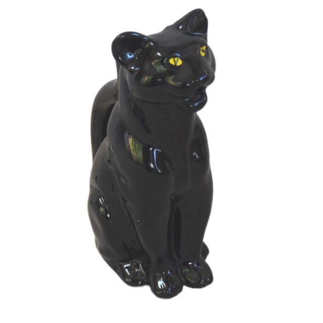 This item is a vintage Italian art ceramic black cat pitcher or creamer, often associated with mid-century ceramics. It...