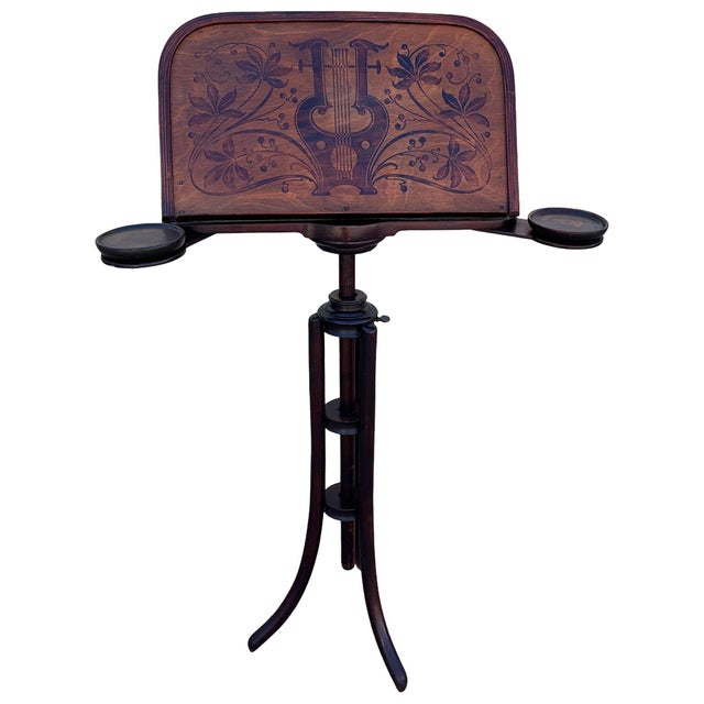 Late Victorian Thonet Model 11852 music stand, crafted from bent oak wood with an adjustable sloped sheet music holder...