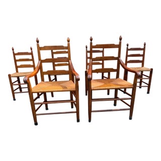 Set of 6 Shaker Style Walnut Rush Seat Ladder Back Dining Chairs For Sale