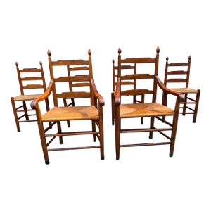 Set of 6 Shaker Style Walnut Rush Seat Ladder Back Dining Chairs