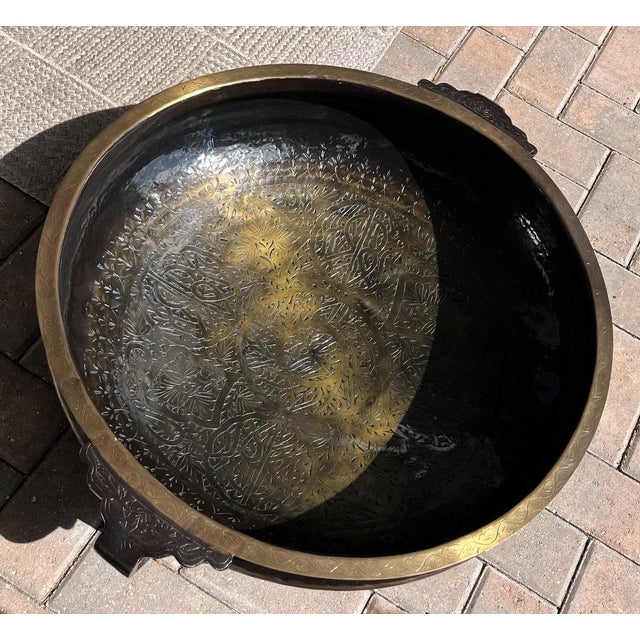 Large Brass Vintage Etched Handcrafted Indian Urli Bowl (29 Inches Long and 20lbs) For Sale - Image 4 of 14