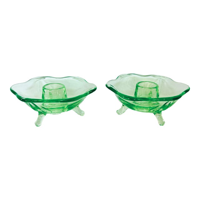 Green Uranium Vaseline Depression Glass Fostoria Candleholders For Sale