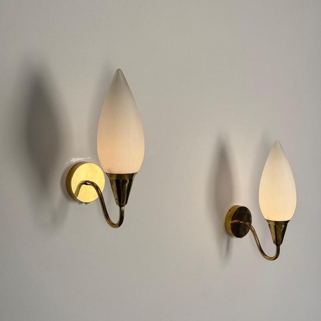 Brass Wall Lamps with Opaline Glass by Paavo Tynell, 1940s, Set of 2 For Sale - Image 10 of 18