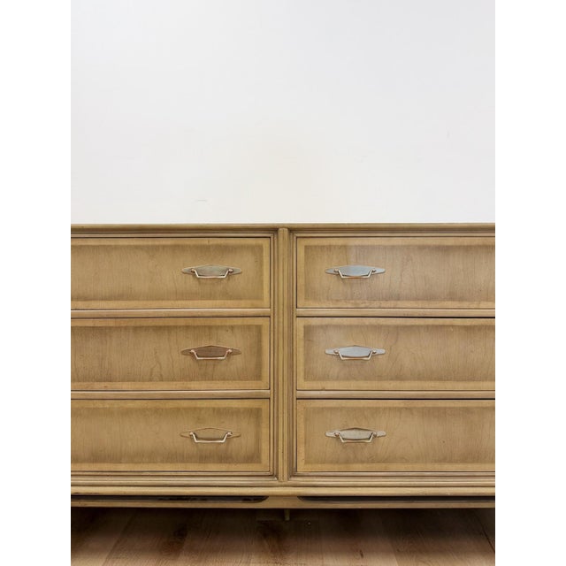 Beige Vintage MCM Gray Washed Blonde Dresser Six Drawer With Metal Handles For Sale - Image 8 of 13