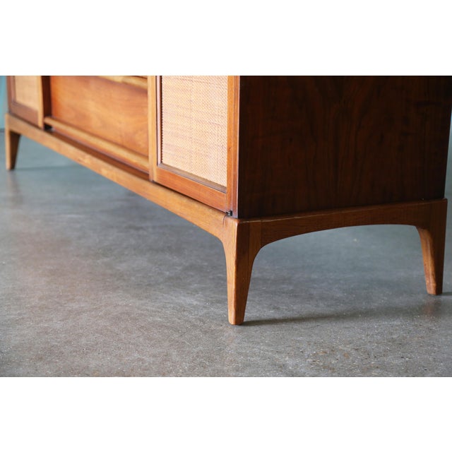 1960s Lane Rhythm Walnut and Cane Dresser Cabinet Credenza Mid Century Modern 66" For Sale - Image 11 of 14