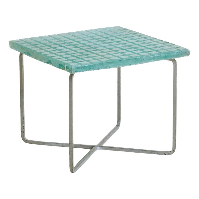 Metal + Aqua Glass Top Square Side Table, France 1960s For Sale