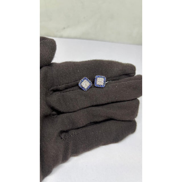 Natural 18k Gold Diamond 0.40ct Blue Sapphire Stud Earrings, Pair For Sale - Image 4 of 6