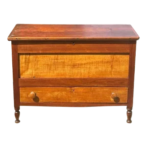 Antique Southern Walnut & Tiger Maple Raised Panel Blanket Chest on Turned Legs