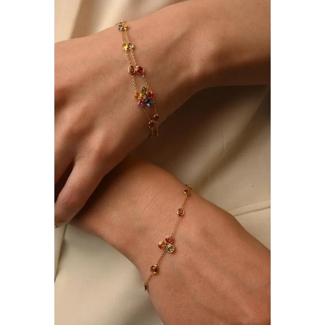 Metal Modern Multi Sapphire Minimal Floral Motif Gold Bracelet in 18k Solid Gold For Sale - Image 7 of 9