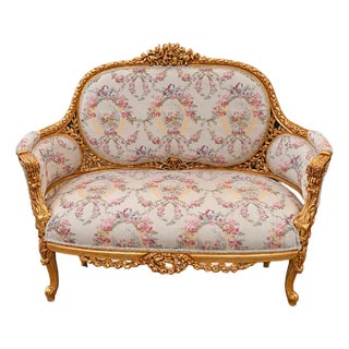 1970 French Artisan Louis XVI Gold Damask Settee For Sale