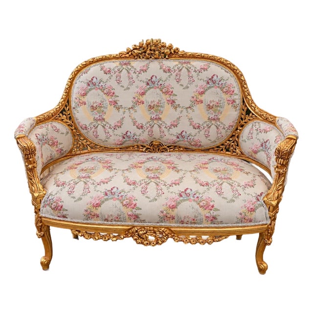 1970 French Artisan Louis XVI Gold Damask Settee For Sale