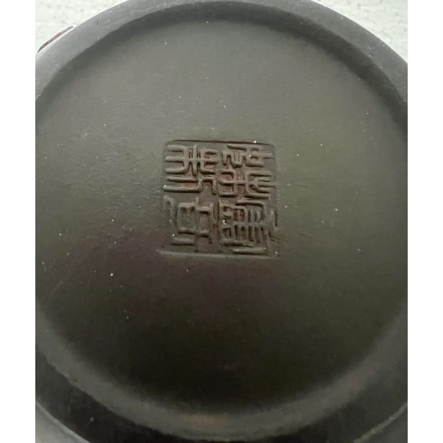Mid 20th Century Lucky Peach Yixing Zisha Chinese Unglazed Red Leaf Tea Pot With Twig Handle on Carved Wood Stand For Sale - Image 9 of 10