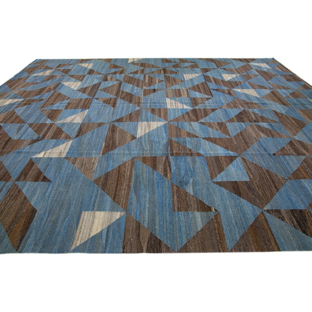 2020s 2020s Blue Oversize Kilim Wool Rug Flatweave With a Modern Abstract Design For Sale - Image 5 of 7