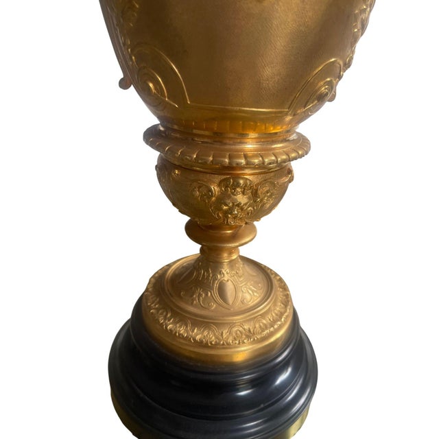 Pair of French Belle Époque Gilt Bronze Ewers on Marble Bases. Late 19th Century For Sale In Los Angeles - Image 6 of 10