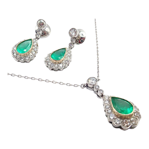 Vintage Estate Platinum Diamond Emerald Earrings Necklace Set - 3 Pieces