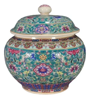Chinese Turquoise Ground Famille Rose Porcelain Covered Jar