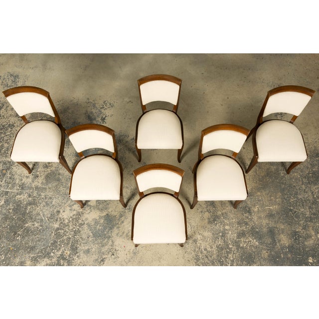 Art Deco Set of 6 French Art Deco Walnut Dining Chairs in Ivory Ribbed Upholstery, 1930s For Sale - Image 3 of 18