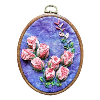 3d Rose Stumpwork Embroidery Art, Framed Botanical Sculpture, Handmade Floral Wall Decor For Sale