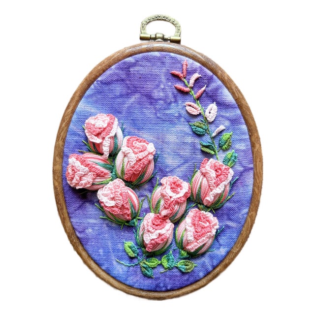 3d Rose Stumpwork Embroidery Art, Framed Botanical Sculpture, Handmade Floral Wall Decor For Sale