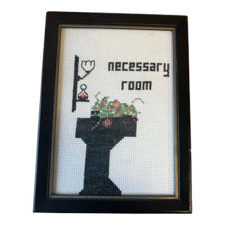 Vintage Small Needlepoint Necessary Room Floral Wall Hanging in Frame For Sale