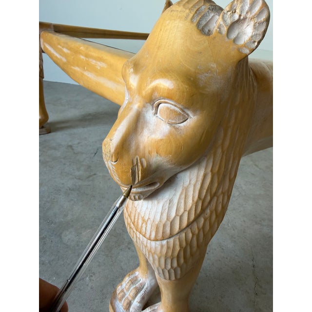 Vintage Egyptian Revival Hand-Carved Wood Lion Coffee Table With Inset Glass Top For Sale - Image 10 of 12