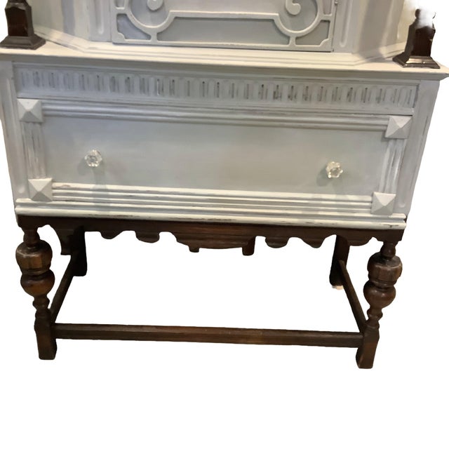 Mid-Century Modern Vintage China Cabinet Painted Gray W Natural Dark Wood Carvings Interior Storage Scandinavian Design For Sale - Image 3 of 12