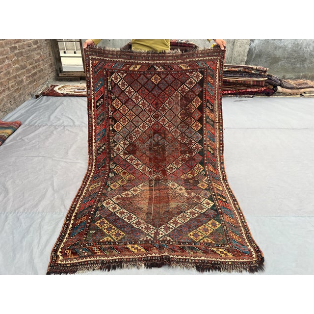 Terra Cotta Real Antique Distressed Caucasian Tribal Rug With Diamond Lattice Design in Multicolor Geometric Pattern Rug For Sale - Image 8 of 10