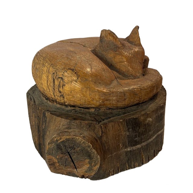 Brown Vintage Hand Carved Sleeping Fox/Cat Log Sculpture For Sale - Image 8 of 11