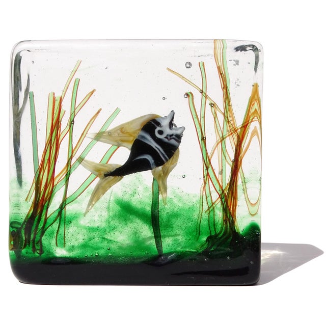 Beautiful vintage Murano hand blown Sommerso black, white and yellow Italian art glass aquarium block sculpture /...