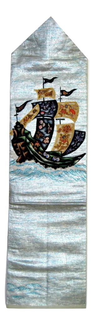 Japan Nanban Trade Embroidered Ship on Silk Textile Wall Decor Obi