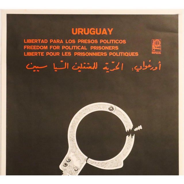 Brutalist 1980 Cuban Poster, Freedom for Political Prisoners, Uruguay by Ospaaal - Rafael Enriquez For Sale - Image 3 of 3