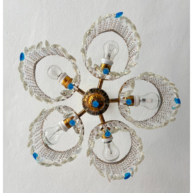 1960s Mid-Century Modern Crystal Chandelier With Aqua Blue Drops - Solid Brass Leaf Design Lighting - Rewired & Working⁠ For Sale - Image 17 of 18