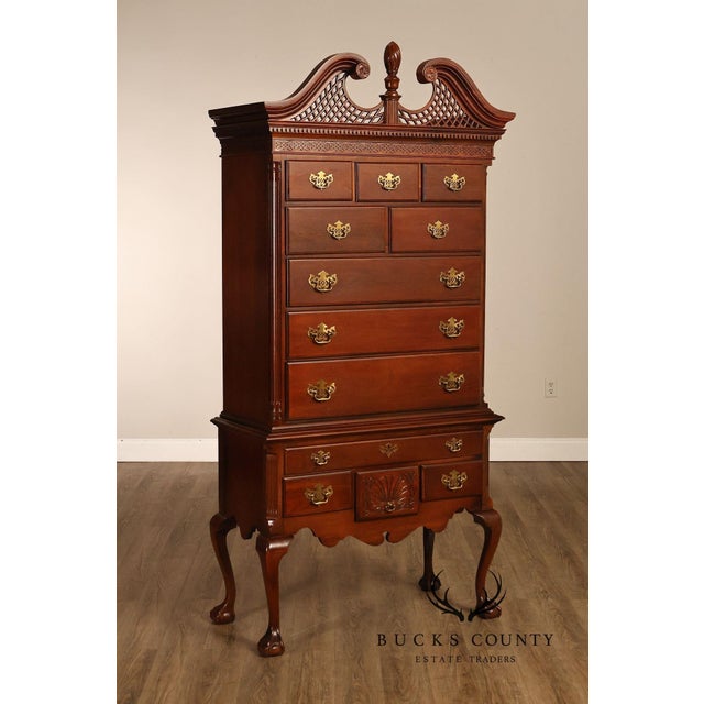 Elegant American Drew highboy chest crafted in a traditional style with a rich mahogany finish and classic Colonial-...