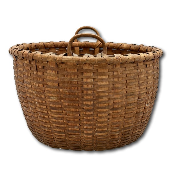 Outstanding Large Size Antique American Hand Woven Ash Wood Splint Maine Apple Farm Harvest Basket For Sale - Image 13 of 18