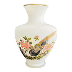 Vintage Toyo Japan 9" Opal Glass Vase - Hand-Painted Pheasant & Peony, Satin White Translucent Glass, Mid-Century Asian Decor, Gold Trim