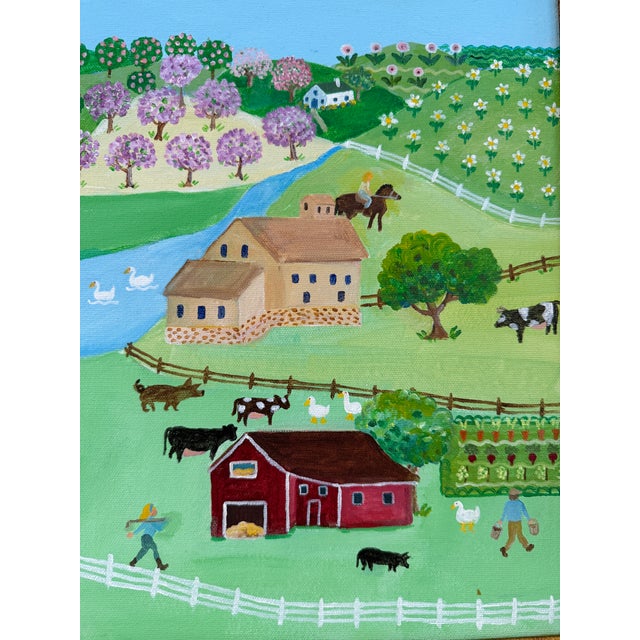 Kay Benham 06 painted and signed this vibrant Springtime country folk art oil on canvas on the very low end to the left...