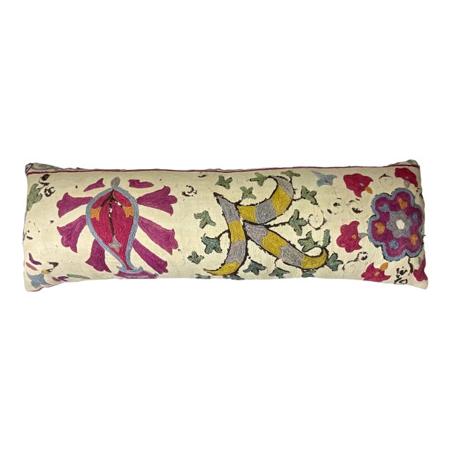 Single Long Antique Silk Embroidery Suzani Pillow For Sale