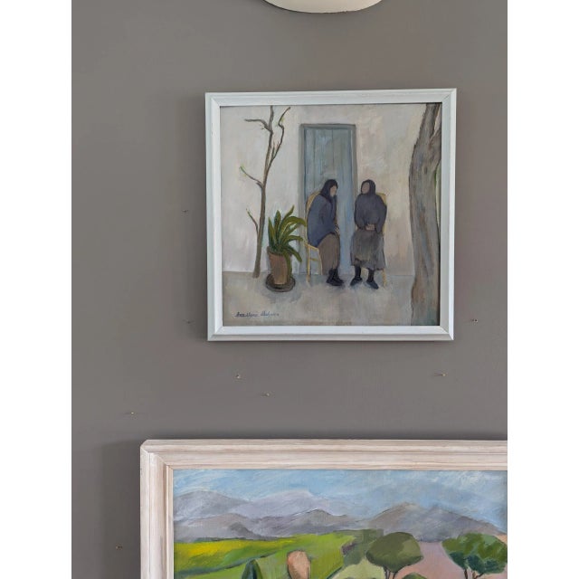 Mid-Century Modern "Afternoon Conversations" Vintage Figurative Oil Painting - Framed For Sale - Image 4 of 10