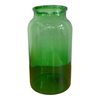 Large Vintage Green Glass Pickle Jar – 15" Hand-Blown Style Vessel For Sale