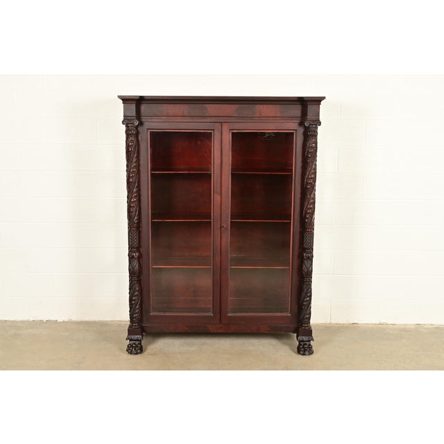 R. J. Horner Style Antique American Empire Flame Mahogany Glass Front Bookcase Cabinet, Circa 1890s For Sale - Image 13 of 13