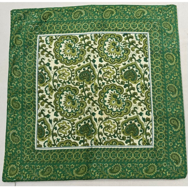 Pair Vintage French Block Print Cotton Pillow Covers, Green Floral Paisley, Paris For Sale - Image 6 of 6