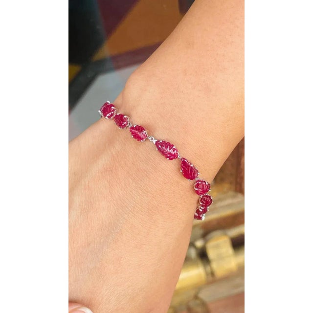 Art Deco Leaf Carved Ruby and Diamond Bracelet in 18k White Gold, 4.3ct Ruby, USAMade For Sale - Image 3 of 16