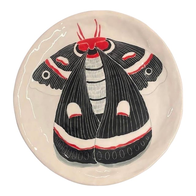 Vintage Handmade Signed Ceramic Art Plate – Hand-Painted Cecropia Moth / Butterfly Design For Sale