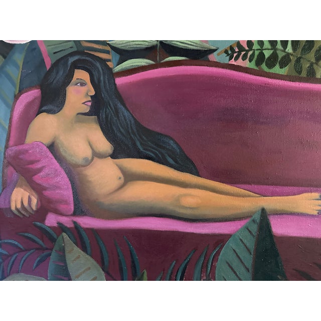 Contemporary Marc Zimmerman "Homage to Rousseau" Oil Painting, Jungle Fantasy, Reclining Nude With Lion, Magenta Sofa, Contemporary Art West Coast For Sale - Image 3 of 7
