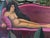Contemporary Marc Zimmerman "Homage to Rousseau" Oil Painting, Jungle Fantasy, Reclining Nude With Lion, Magenta Sofa, Contemporary Art West Coast For Sale - Image 3 of 7