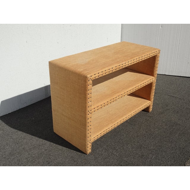 Modern Golden Brown Burlap Bookcase W Decorative Nails For Sale In Los Angeles - Image 6 of 15
