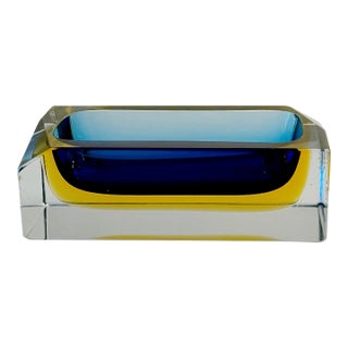 1960s Flavio Poli for Seguso Vetri D’Arte Murano Sommerso Blue & Amber Glass Ashtray For Sale