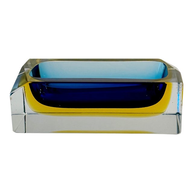 1960s Flavio Poli for Seguso Vetri D’Arte Murano Sommerso Blue & Amber Glass Ashtray For Sale